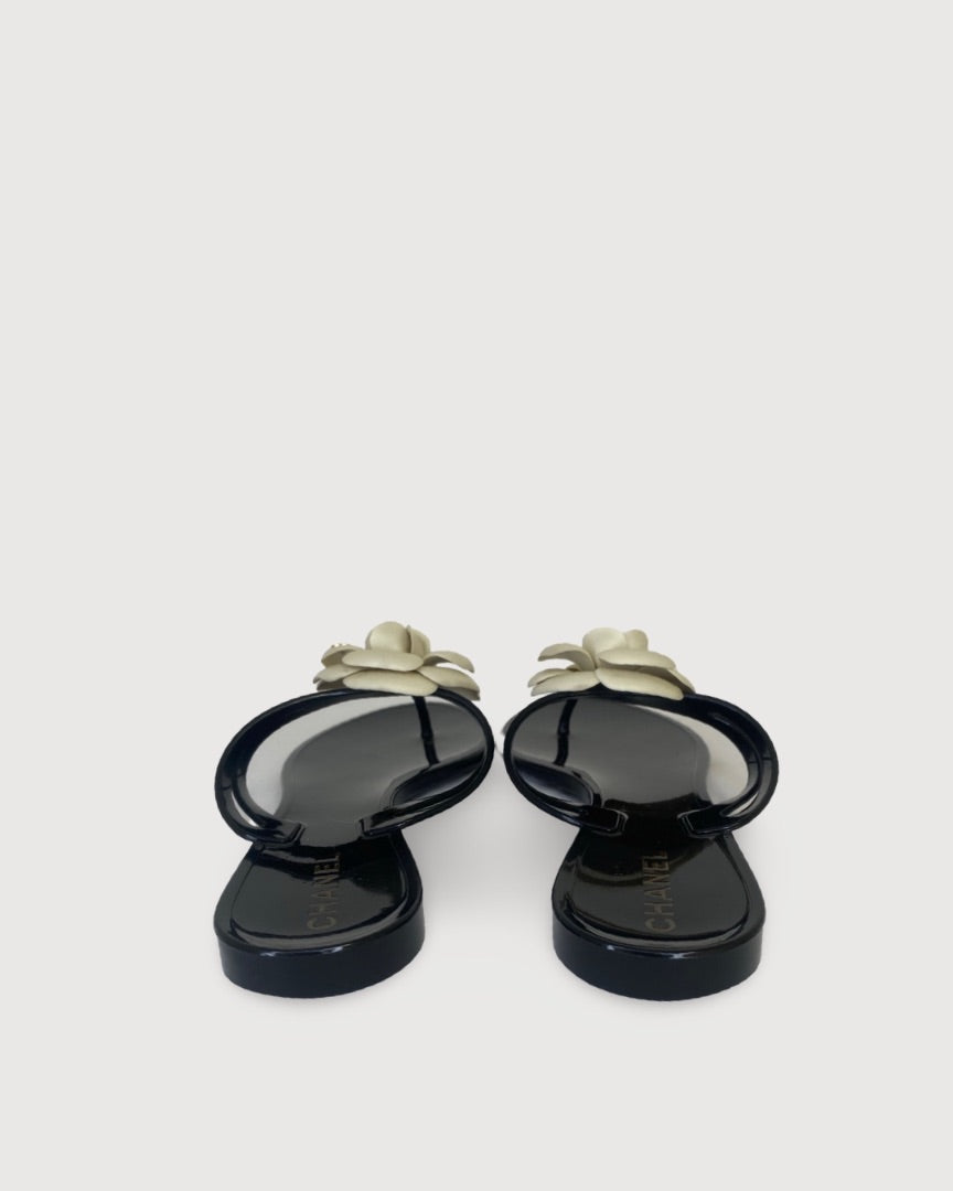 Chanel Camellia Rubber Sandal Black/ Cream 39