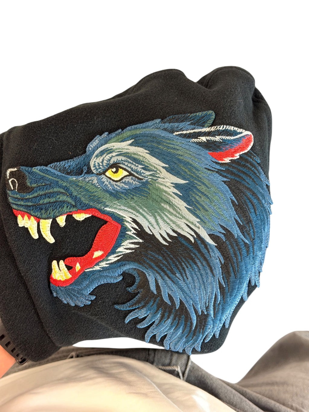 Gucci Black Wolf Embroidered Logo Hoodie Size L
