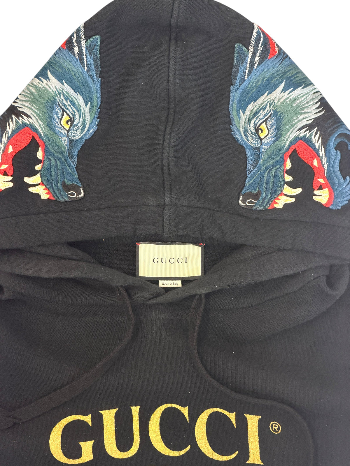 Gucci Black Wolf Embroidered Logo Hoodie Size L