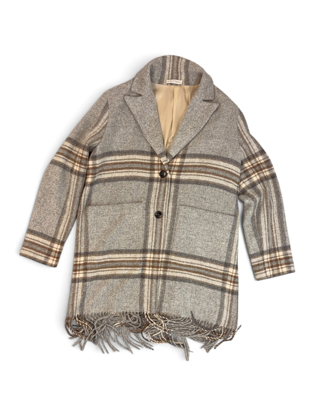 Le Tricot Perugia Grey Check Fringe Coat Size M