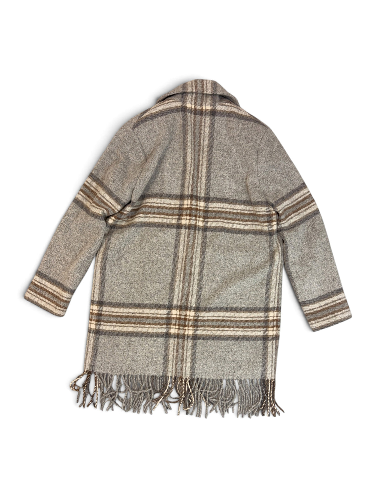 Le Tricot Perugia Grey Check Fringe Coat Size M