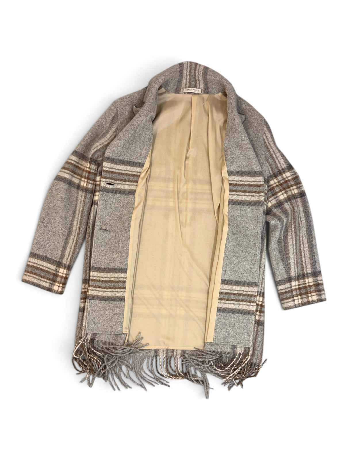Le Tricot Perugia Grey Check Fringe Coat Size M