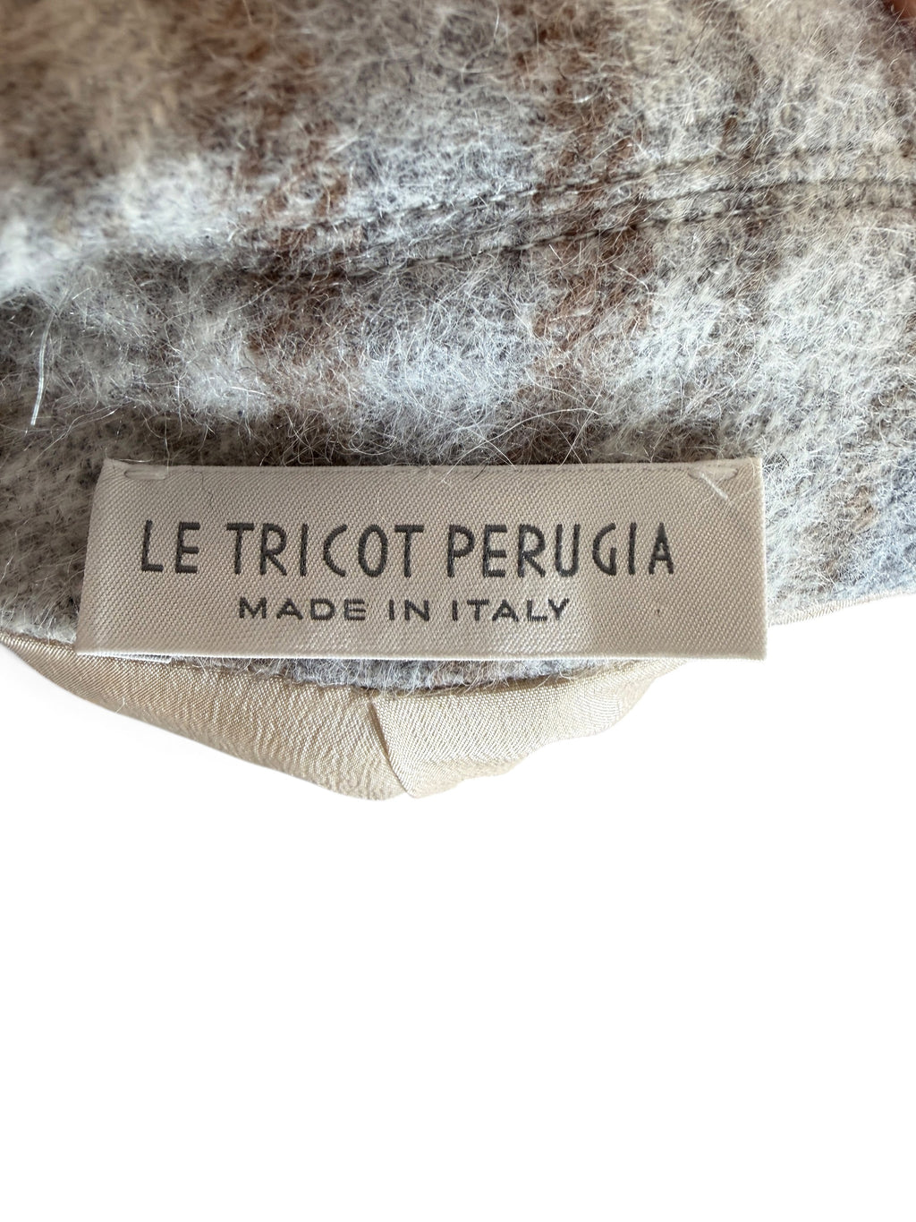 Le Tricot Perugia Grey Check Fringe Coat Size M