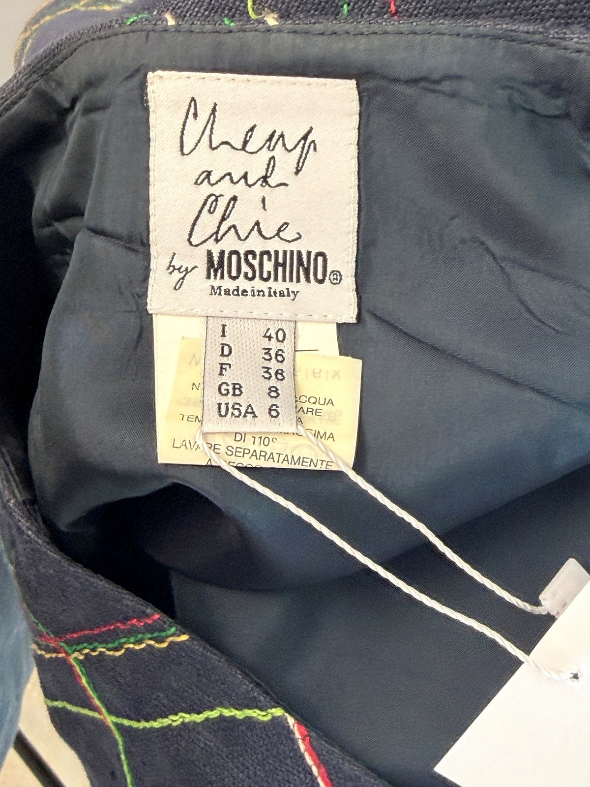 Moschino Cheap & Chic Navy Embroidered Linen Skirt Suit Size 8