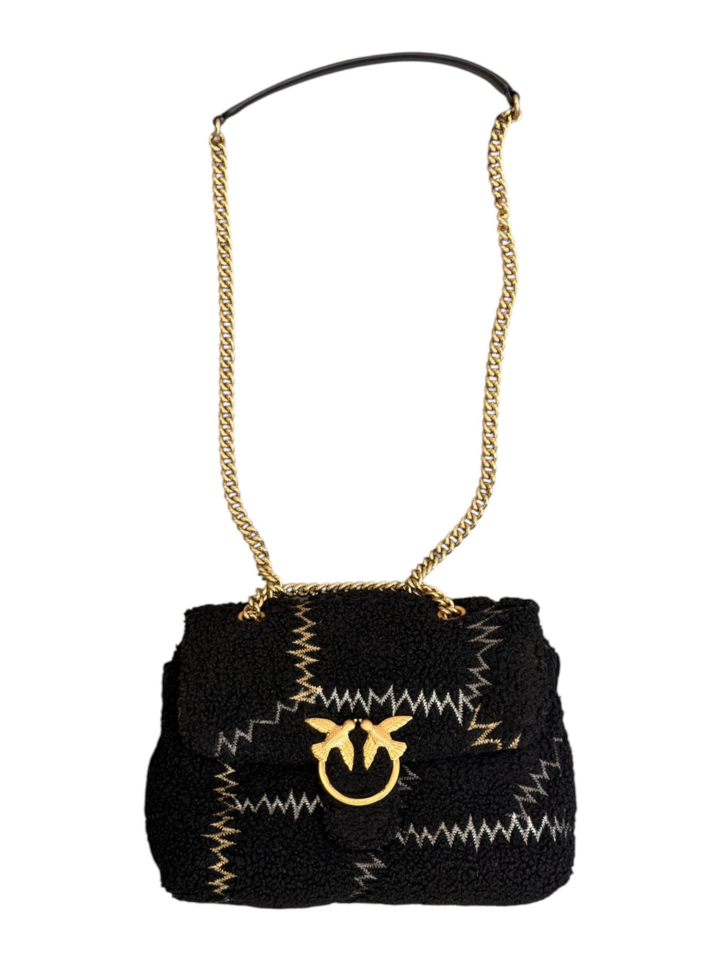 Pinko Black Love Bird Zig Zag Stitched Chain Bag