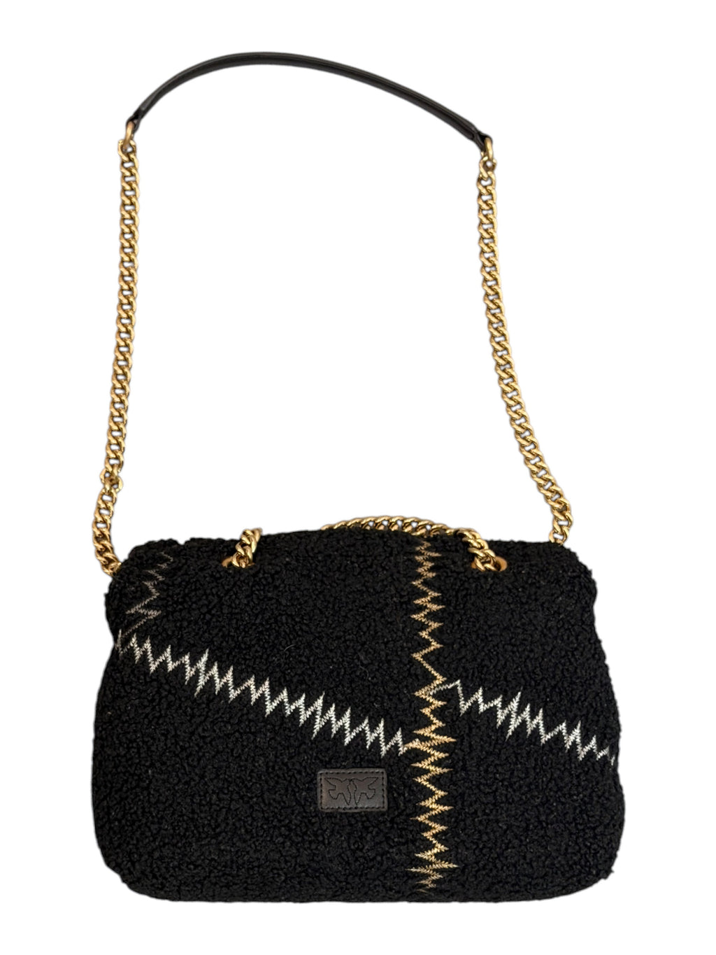 Pinko Black Love Bird Zig Zag Stitched Chain Bag