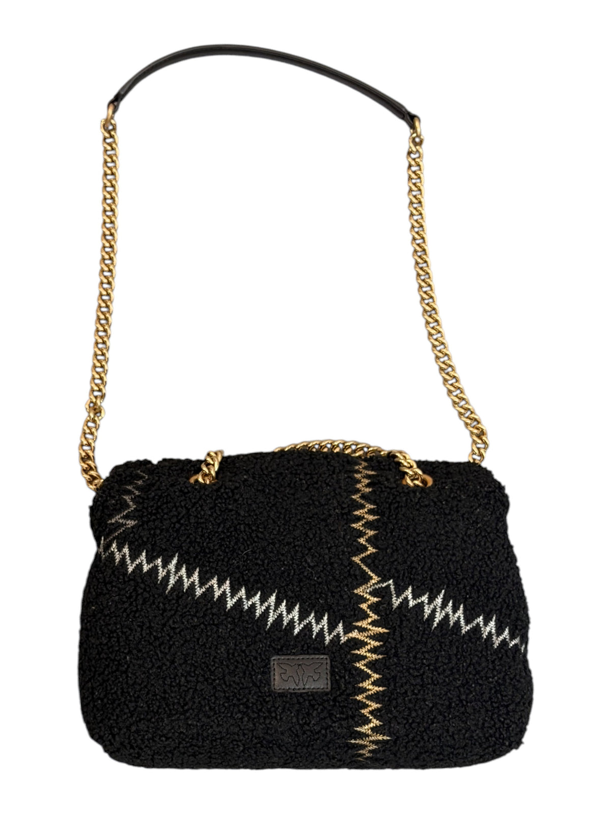 Pinko Black Love Bird Zig Zag Stitched Chain Bag