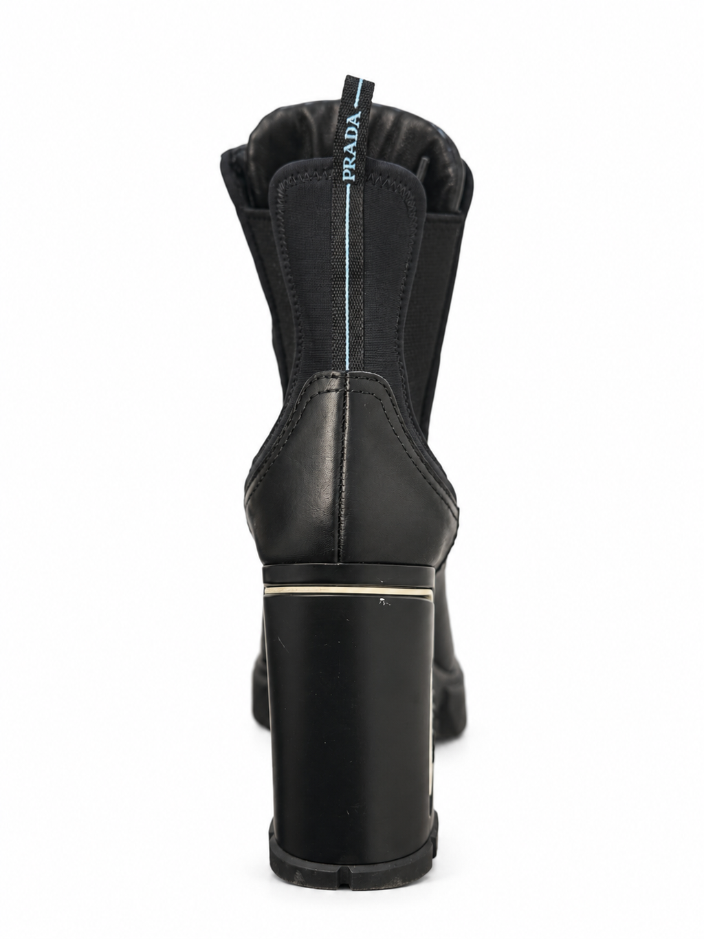 Prada black leather boot, rear view and pull tab