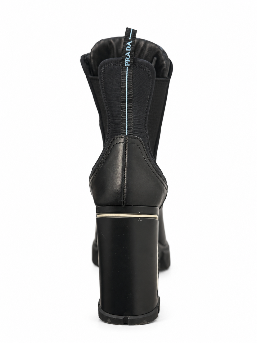 Prada black leather boot, rear view and pull tab