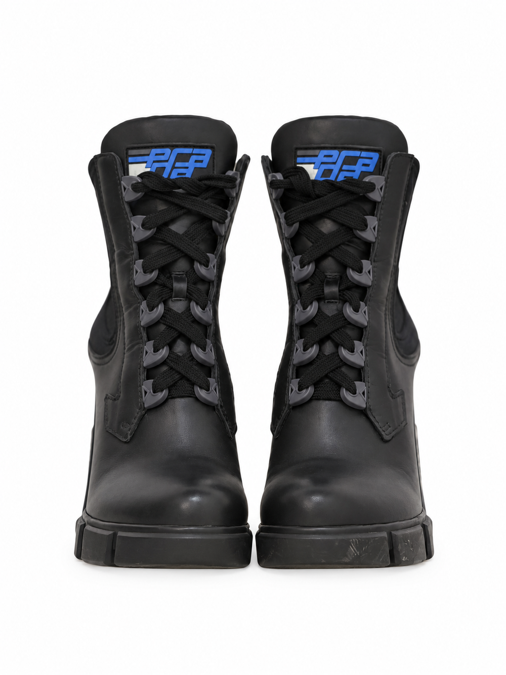 Prada black leather lace-up boots, front view of pair