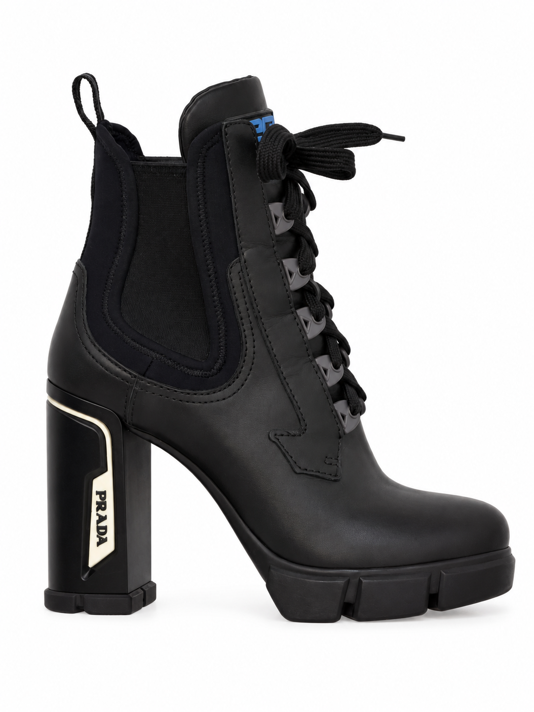 Prada black leather lace-up boot, side view with branded block heel