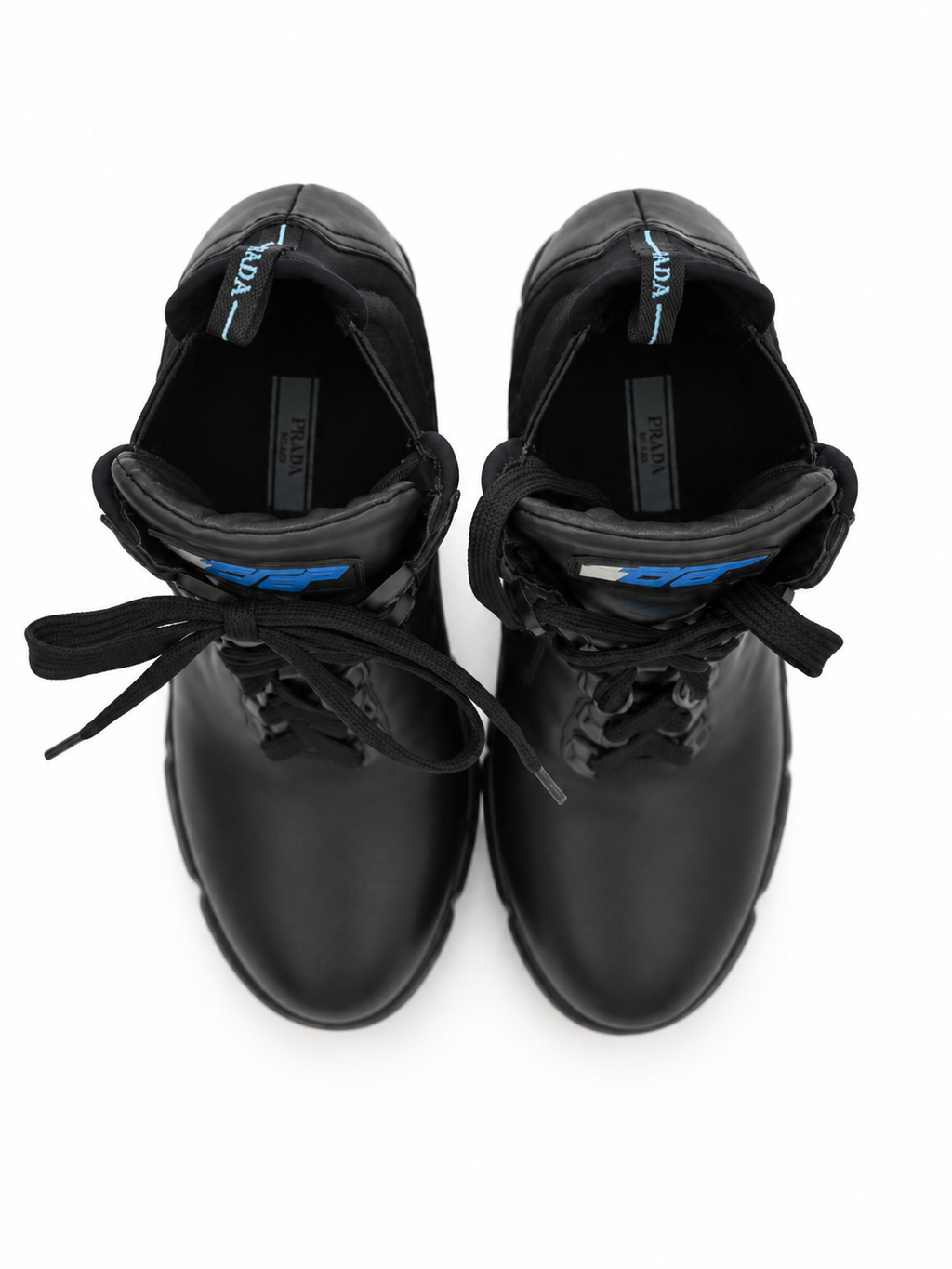 Prada black leather lace-up boots, view from above