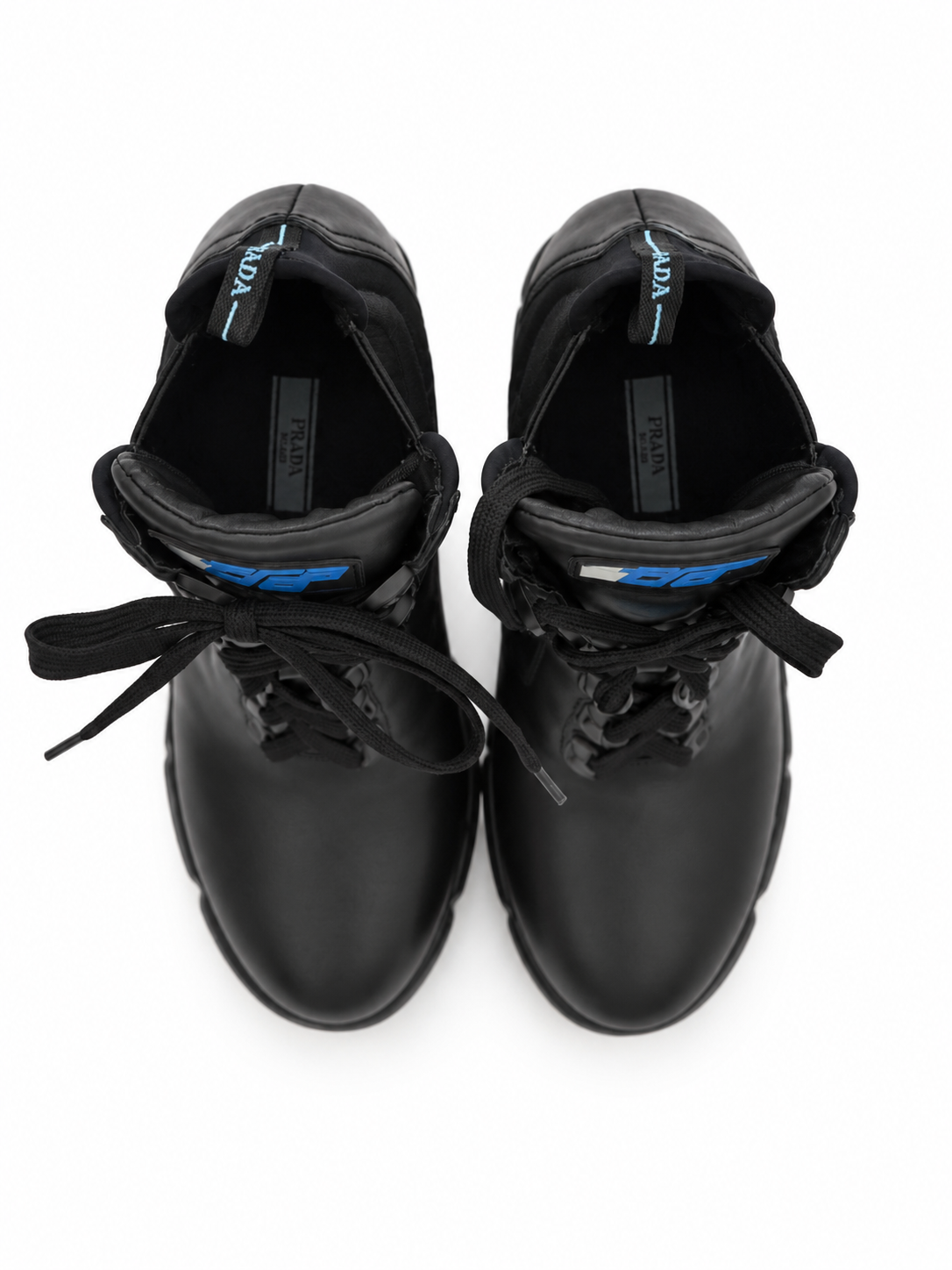 Prada black leather lace-up boots, view from above