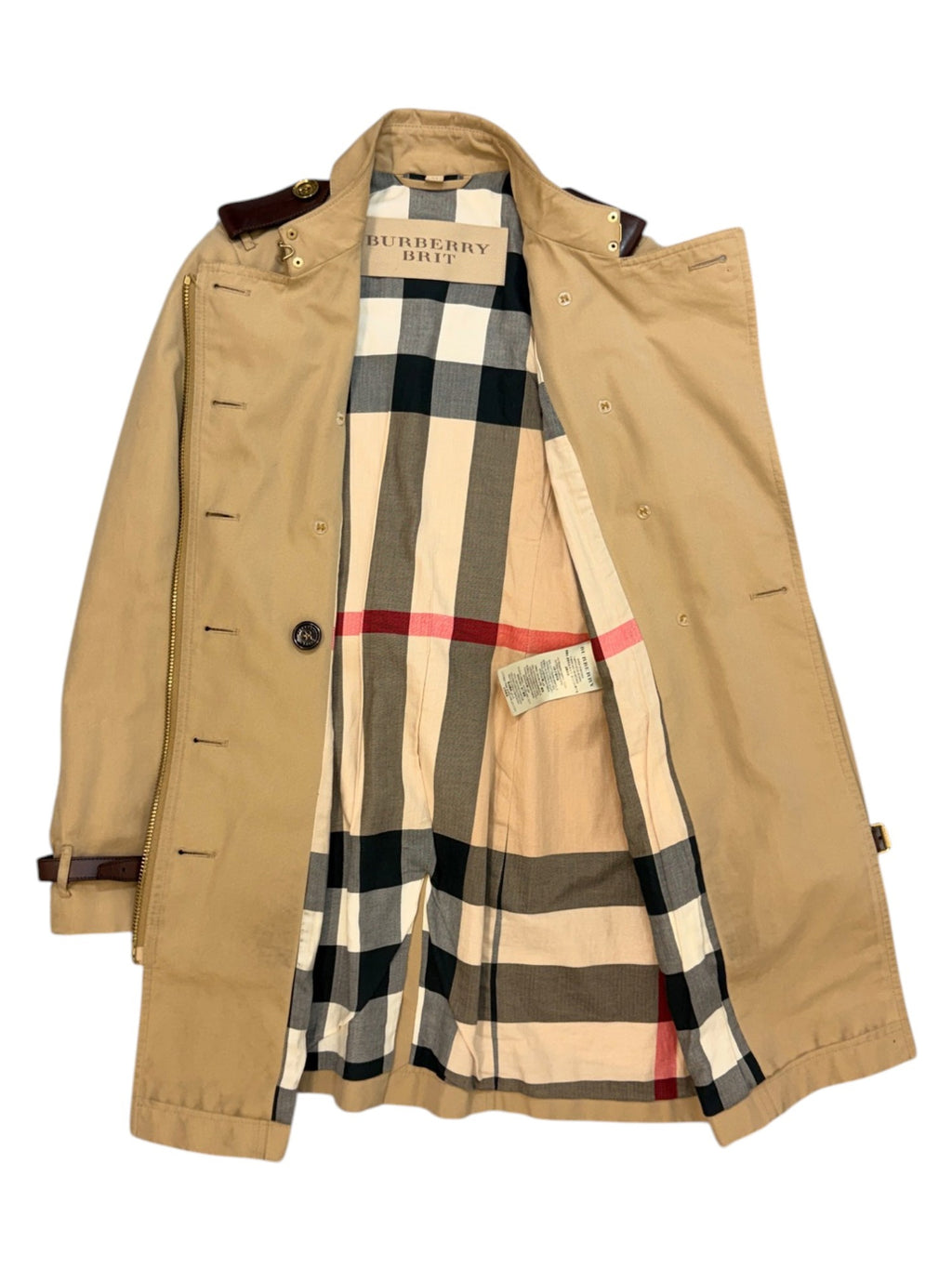 Burberry Brit Beige Leather Trim Trench Coat Size 8