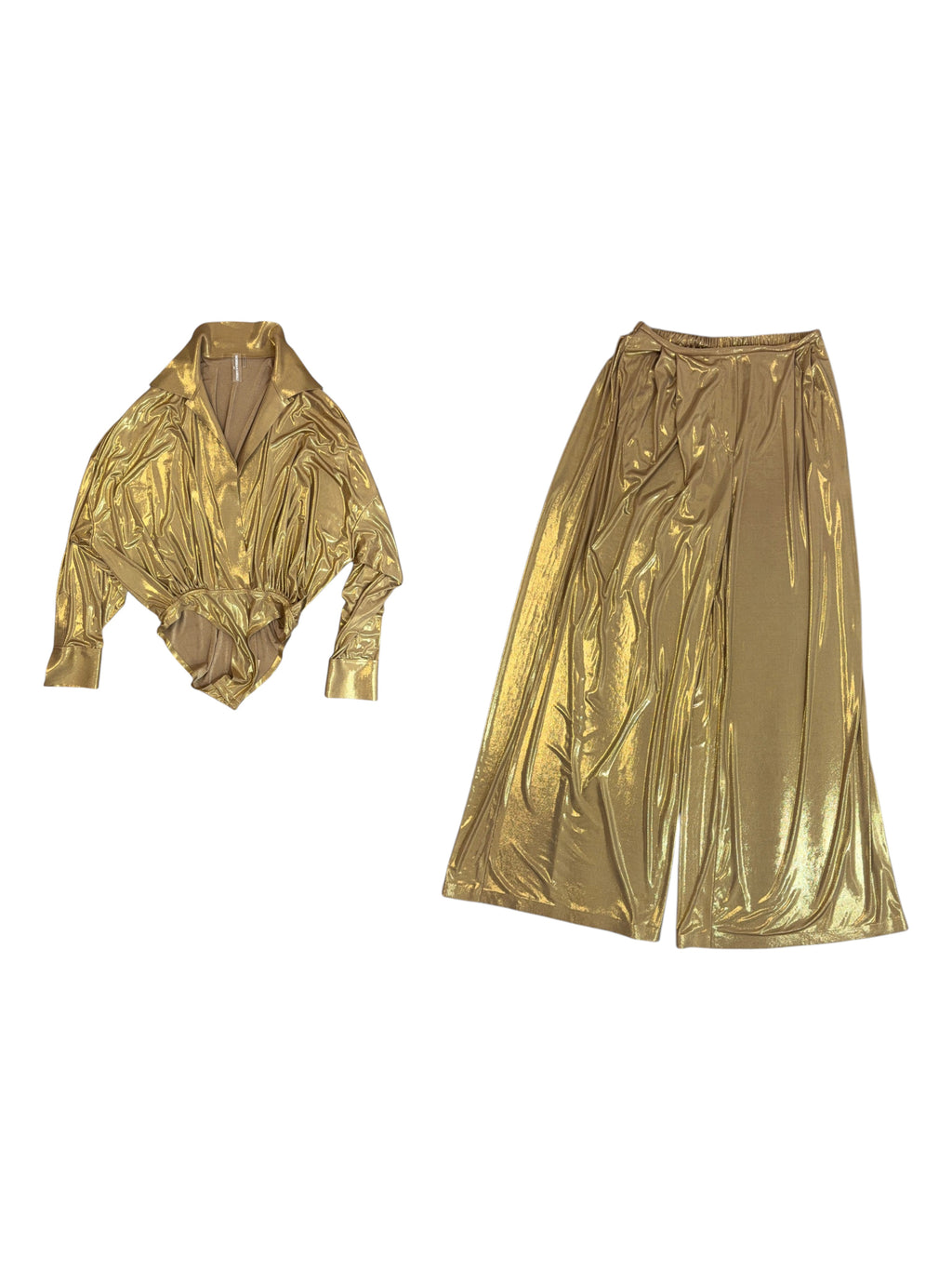 Norma Kamali Gold Metallic Bodysuit & Trousers Set Size S