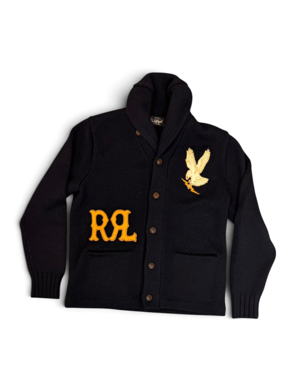 RRL Navy Patch Logo Shawl Collar Cardigan Size L