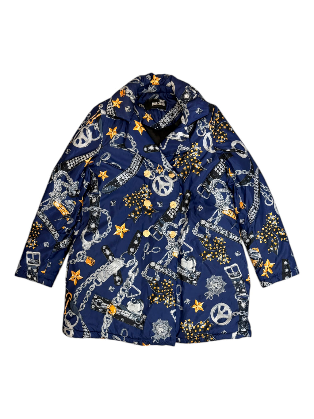 Love Moschino Blue & Grey Belt Chain Print Padded Jacket Size 8
