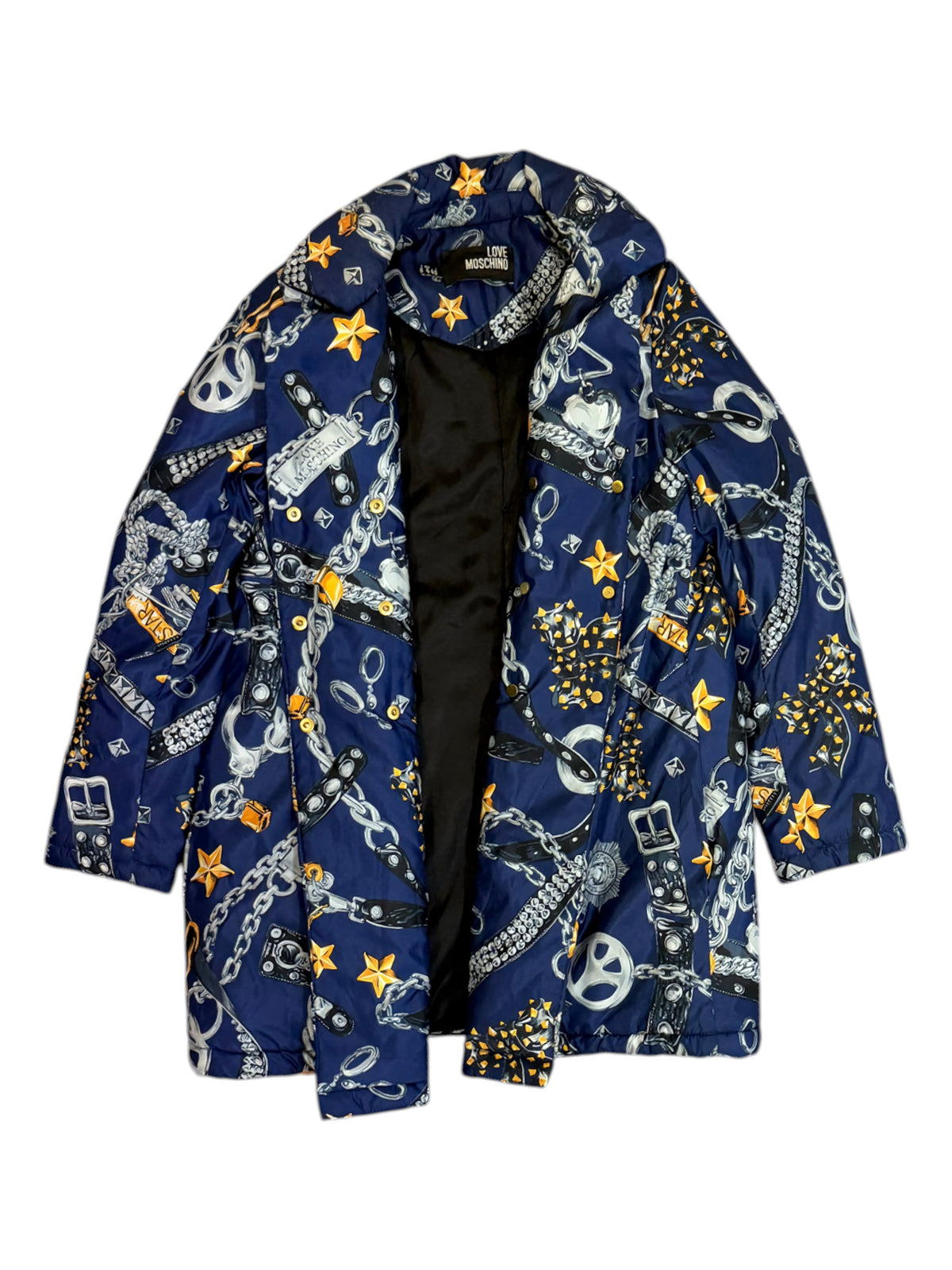 Love Moschino Blue & Grey Belt Chain Print Padded Jacket Size 8