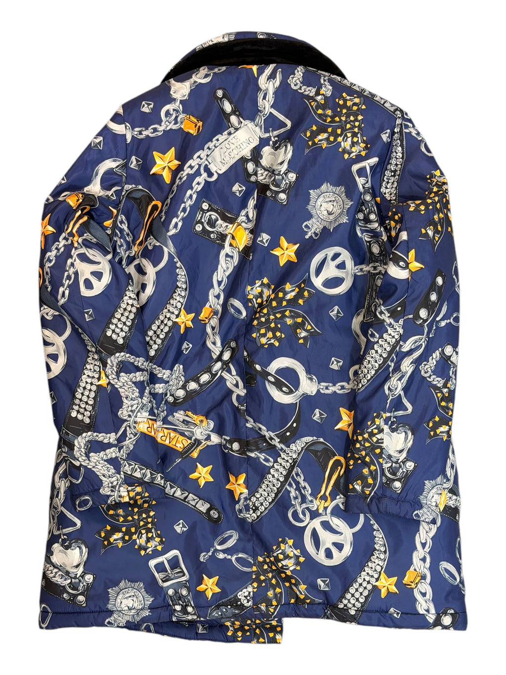 Love Moschino Blue & Grey Belt Chain Print Padded Jacket Size 8