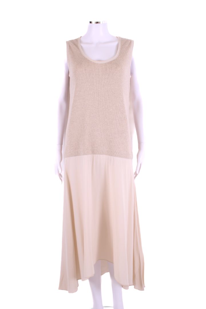 Agnona S/S Rib Knit/ Silk Dress Beige M