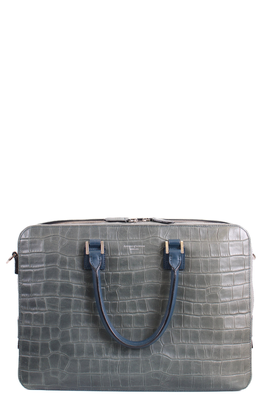 Aspinal of London Croc Effect Briefcase Grey / Navy