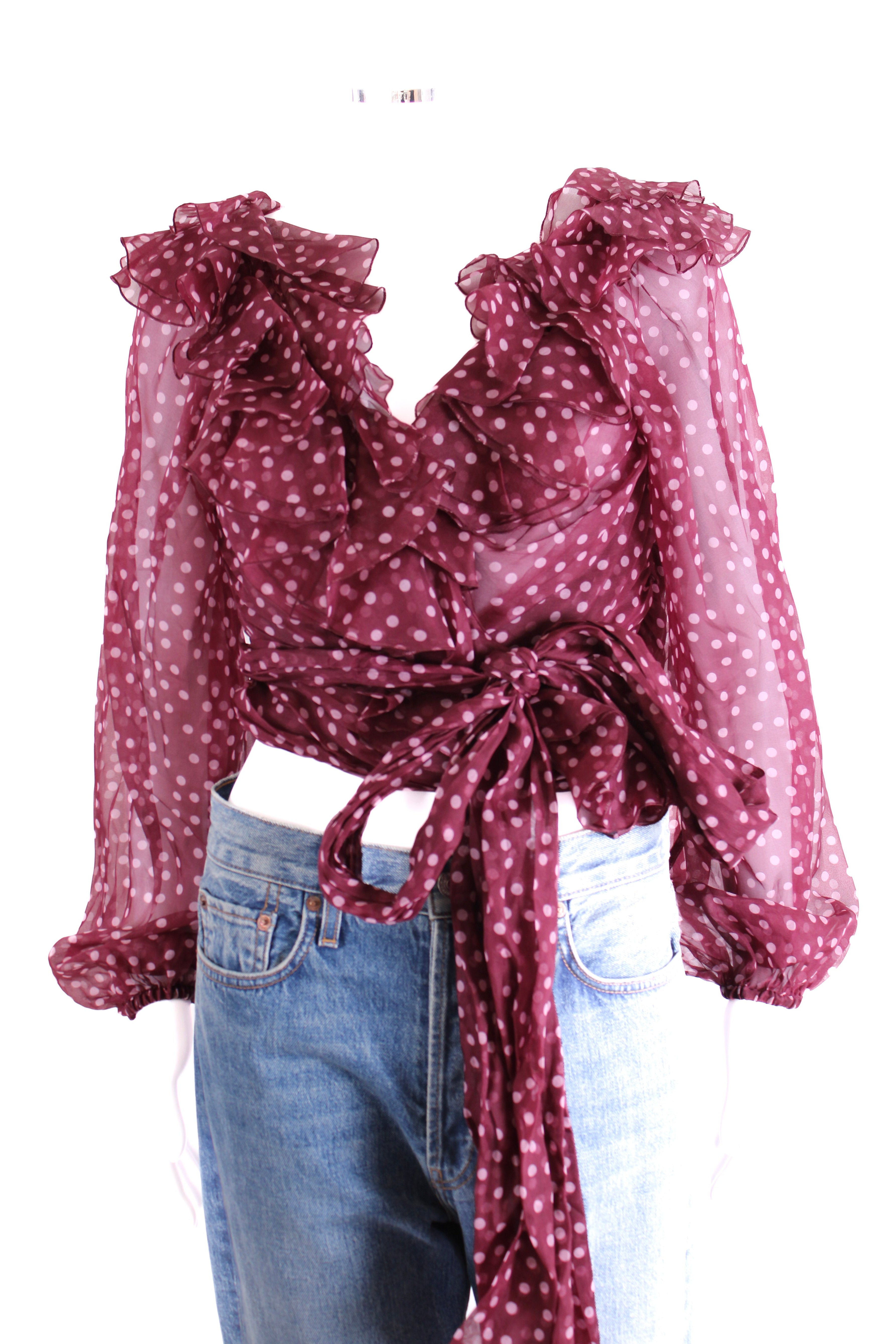 Dolce & Gabbana L/S Ruffle Polka Dot Wrap Blouse Burgundy/ Pink L