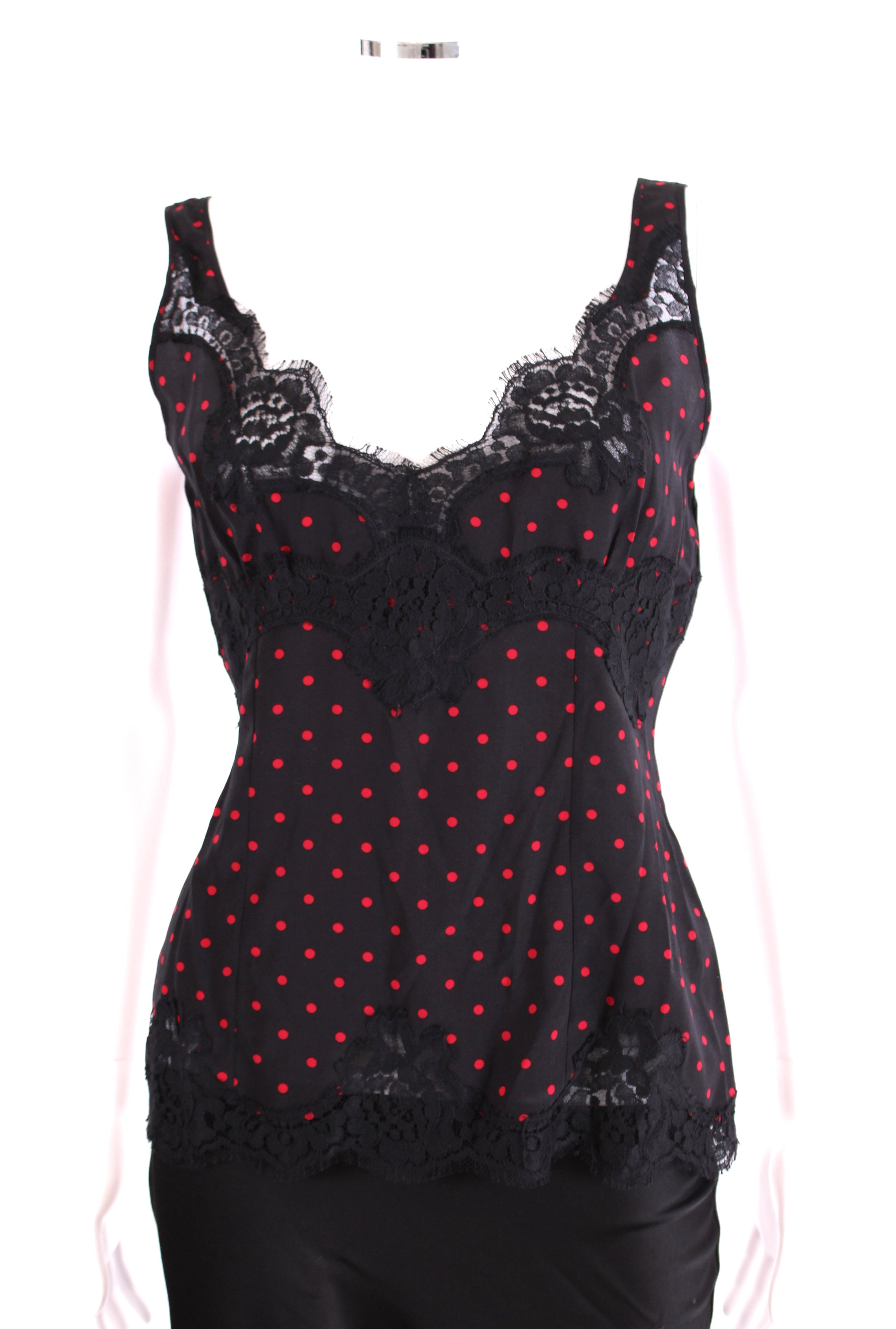 Dolce & Gabbana Lace Trim Polka Dot Camisole Black/ Red S