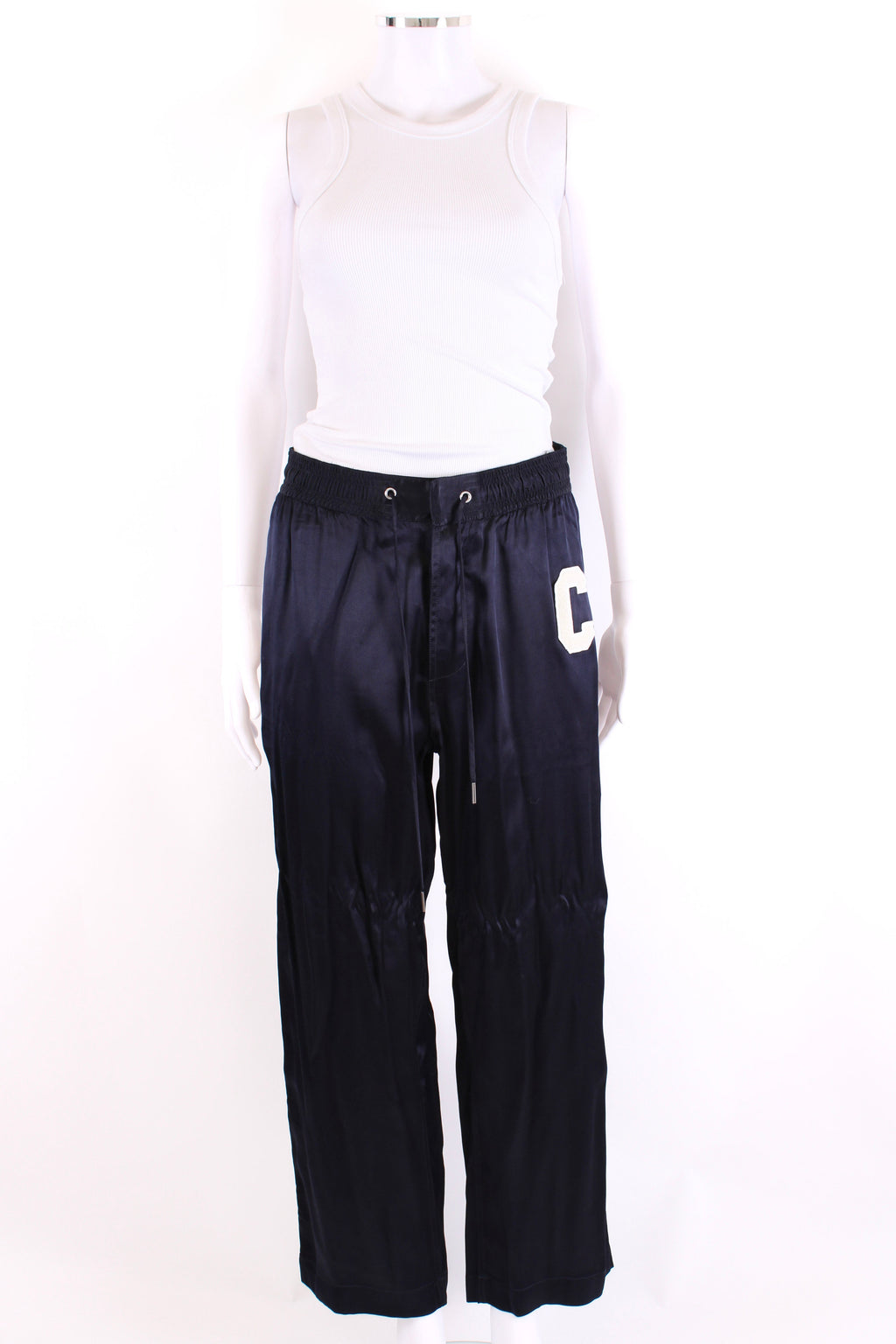 Celine C Logo Satin Trousers Navy/ Cream M