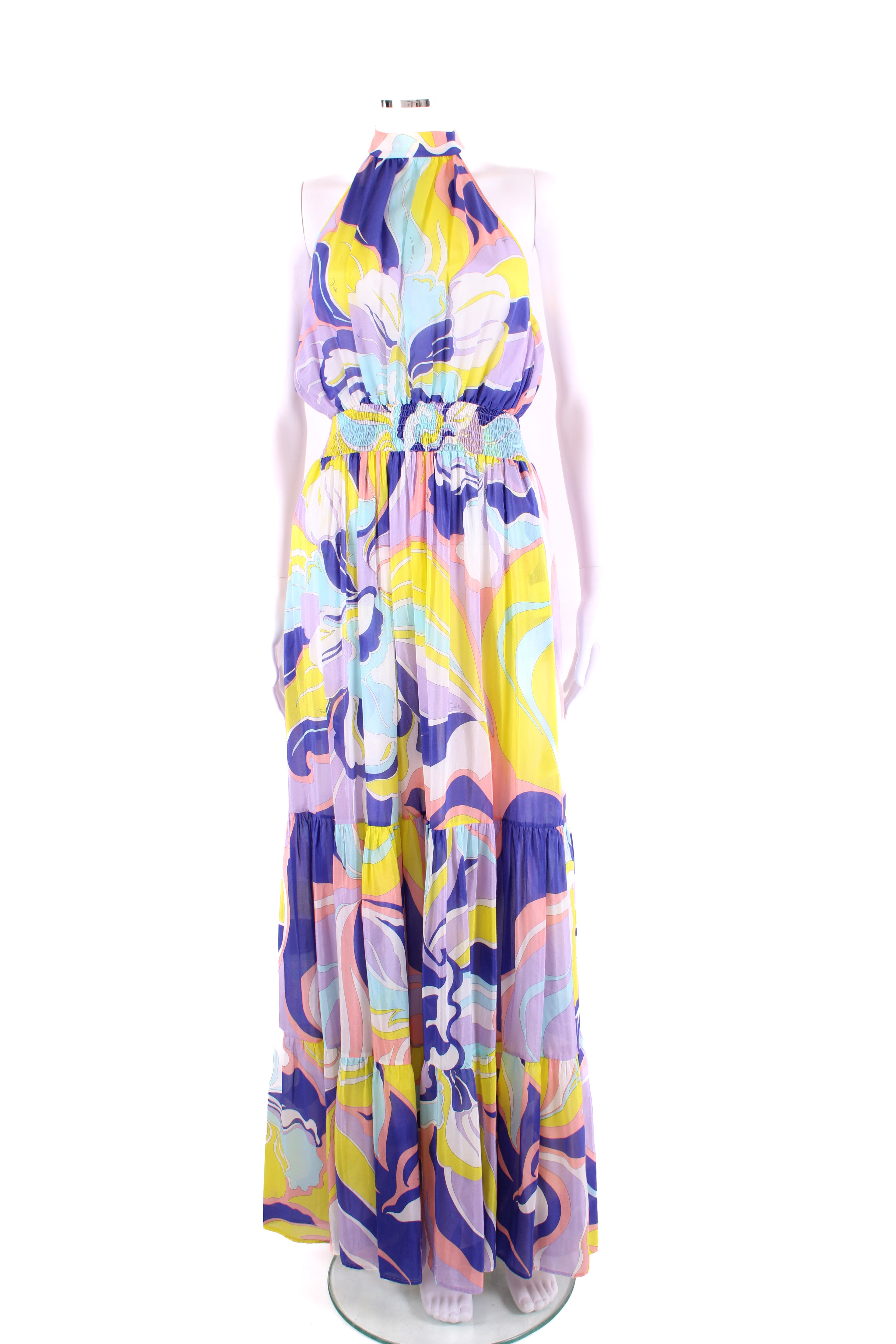 Emilio Pucci S/S Pussy Bow Print Dress Blue/ Yellow 8