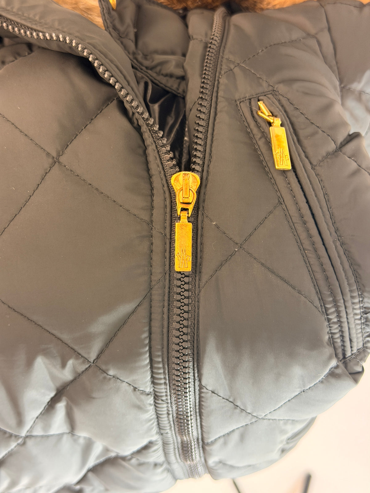 Moncler Fur Trim Quilted Coat Black 6