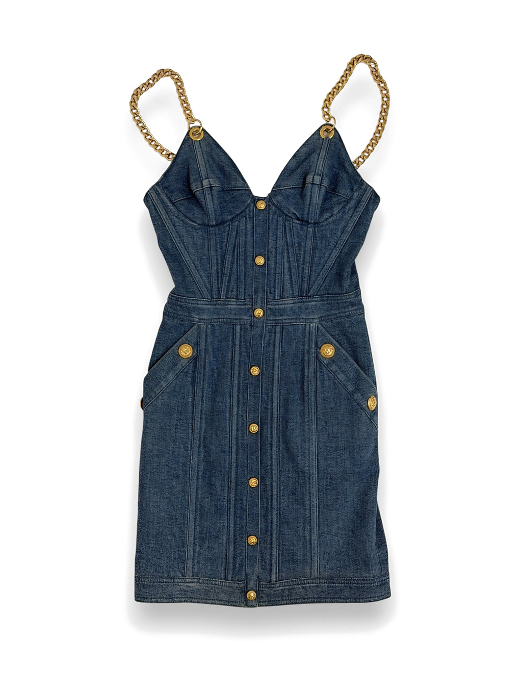 Balmain denim chain strap dress, front