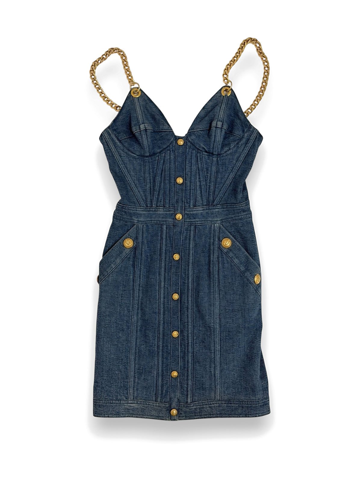 Balmain denim chain strap dress, front