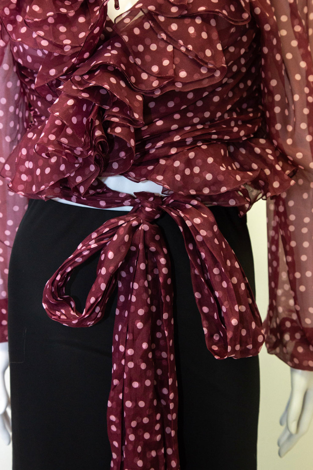 Dolce & Gabbana L/S Ruffle Polka Dot Wrap Blouse Burgundy/ Pink L