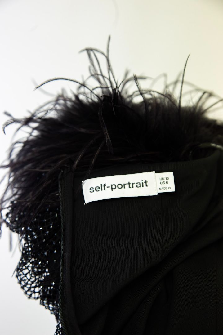 Self Portrait Feather Sequin Mesh Dress Black 10