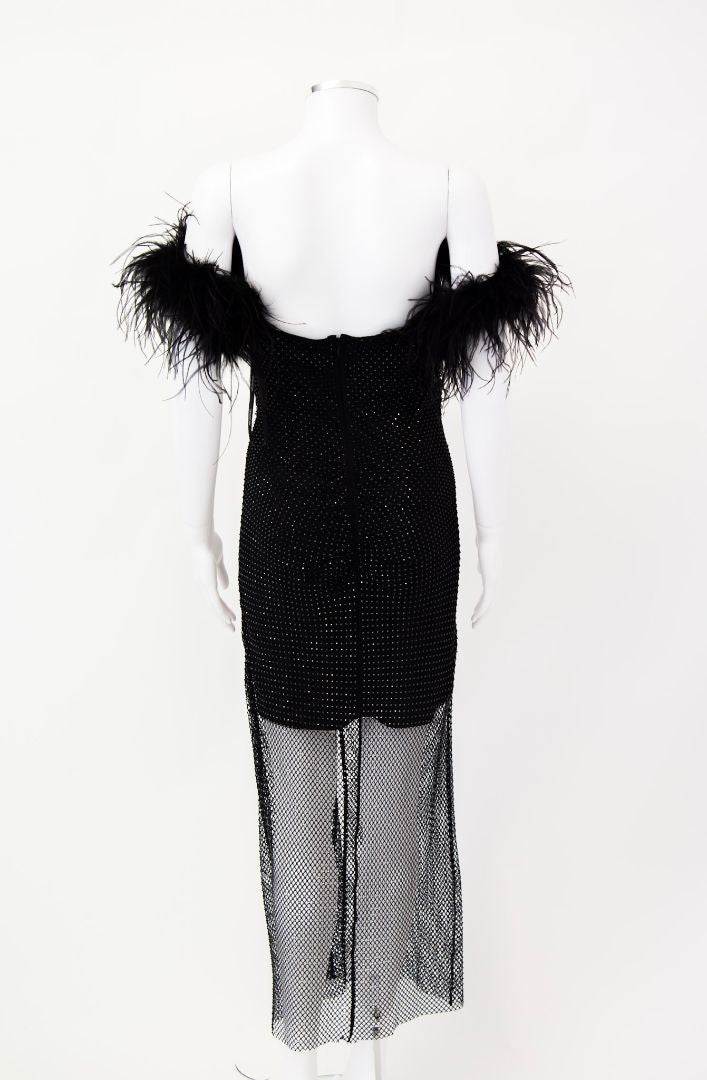 Self Portrait Feather Sequin Mesh Dress Black 10