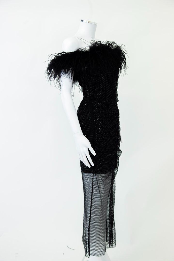 Self Portrait Feather Sequin Mesh Dress Black 10