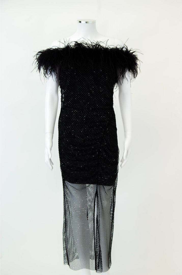 Self Portrait Feather Sequin Mesh Dress Black 10