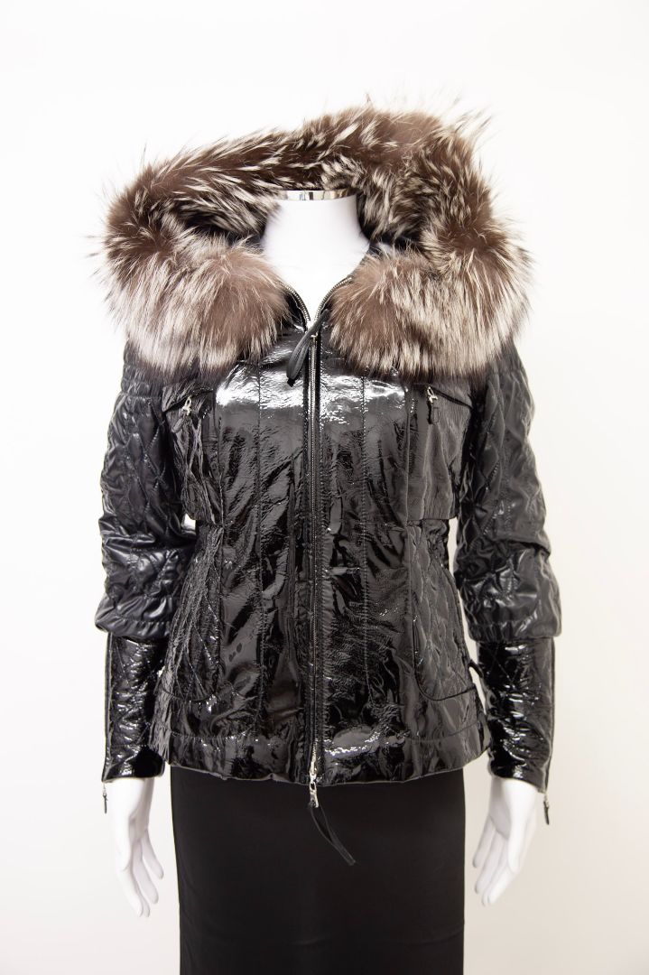 Adamo Fur Trim Patent Quilted Jacket Black 40