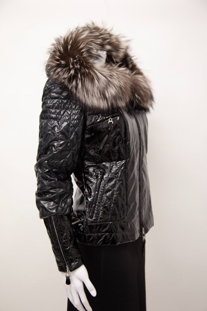 Adamo Fur Trim Patent Quilted Jacket Black 40