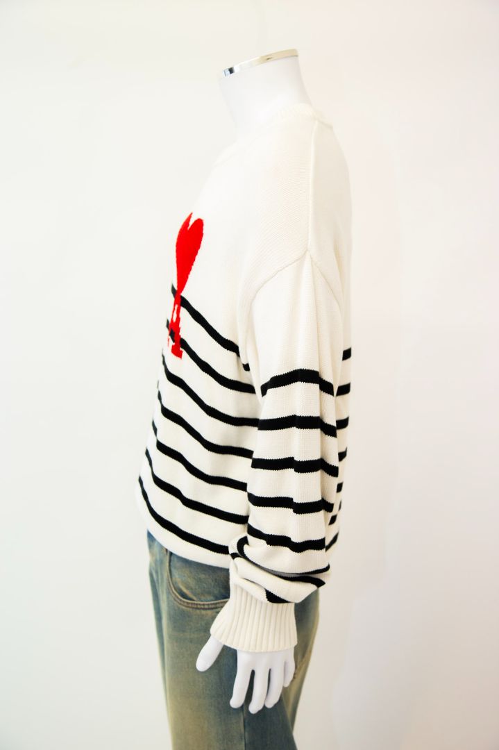 Ami Stripe Heart Jumper White/ Black XL