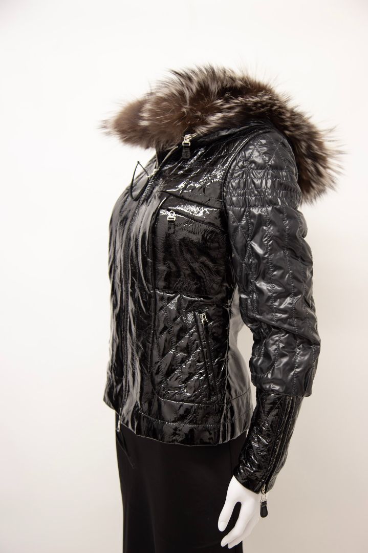 Adamo Fur Trim Patent Quilted Jacket Black 40