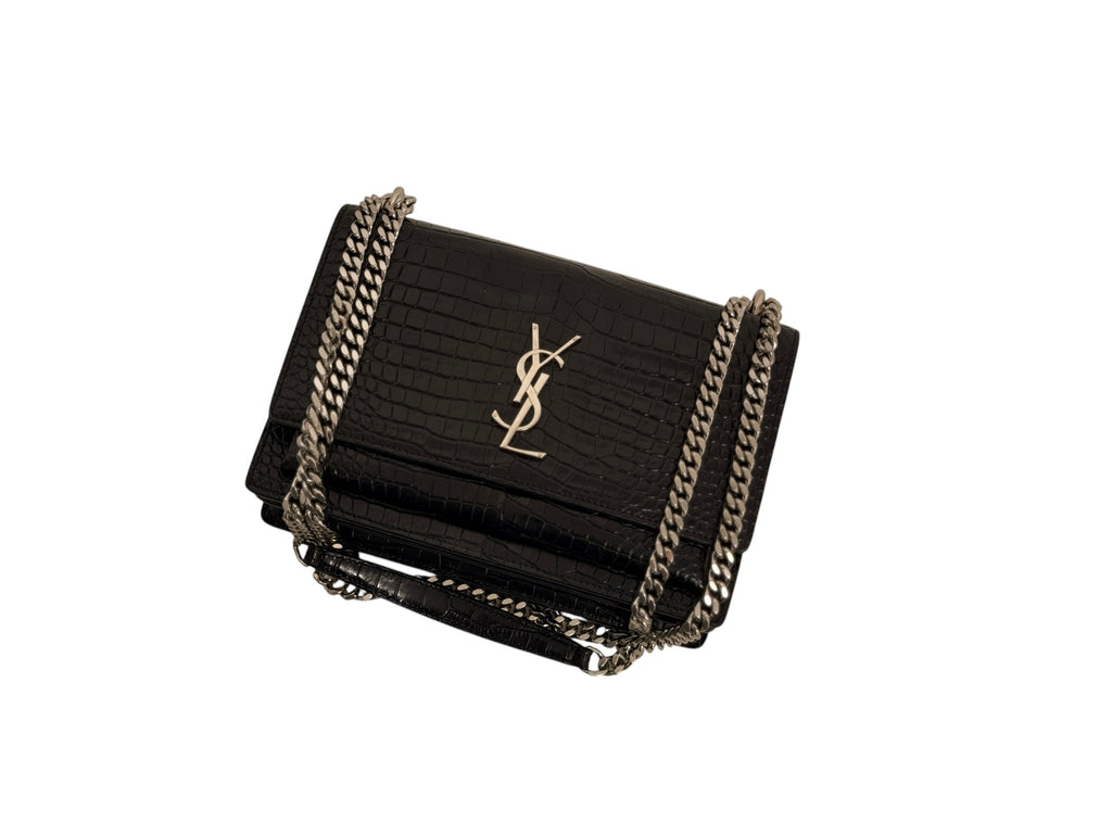 Saint Laurent Sunset Croc Embossed Bag Black Medium