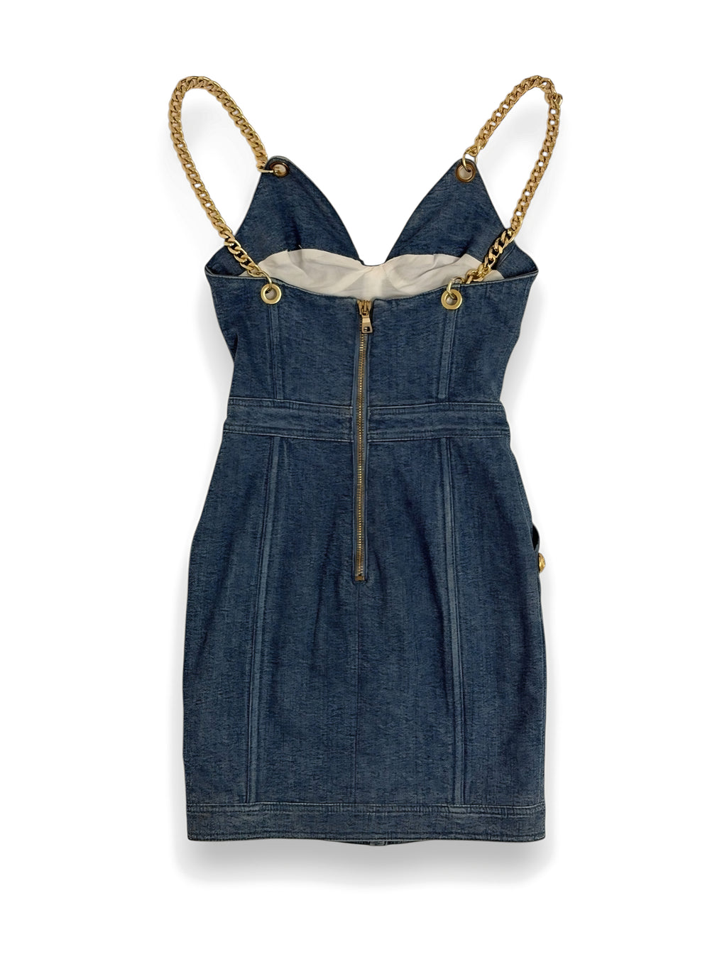Balmain denim chain strap dress, back