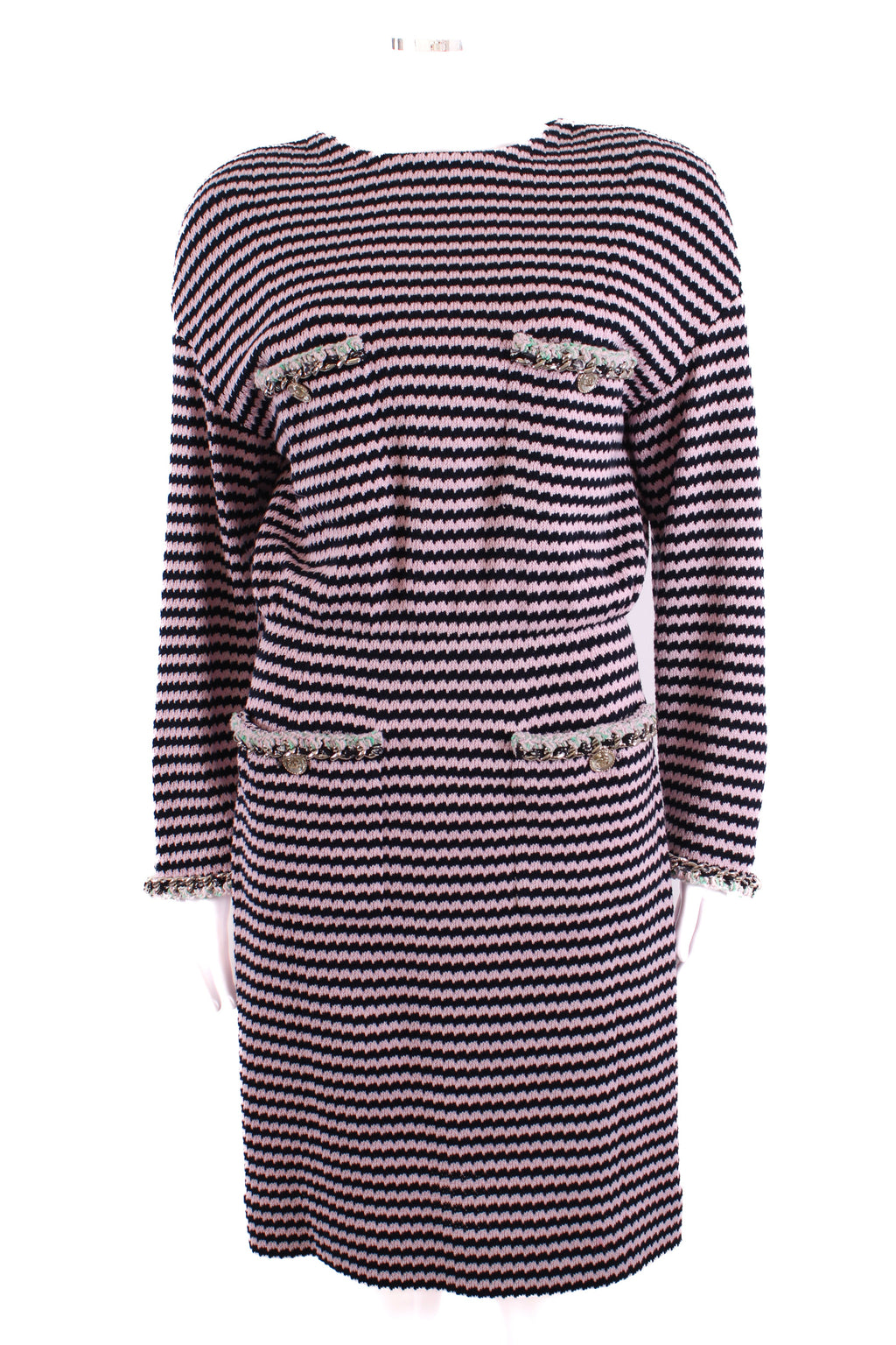 Chanel Knitted Dress with Chain Pocket Pink & Navy Stripe 38