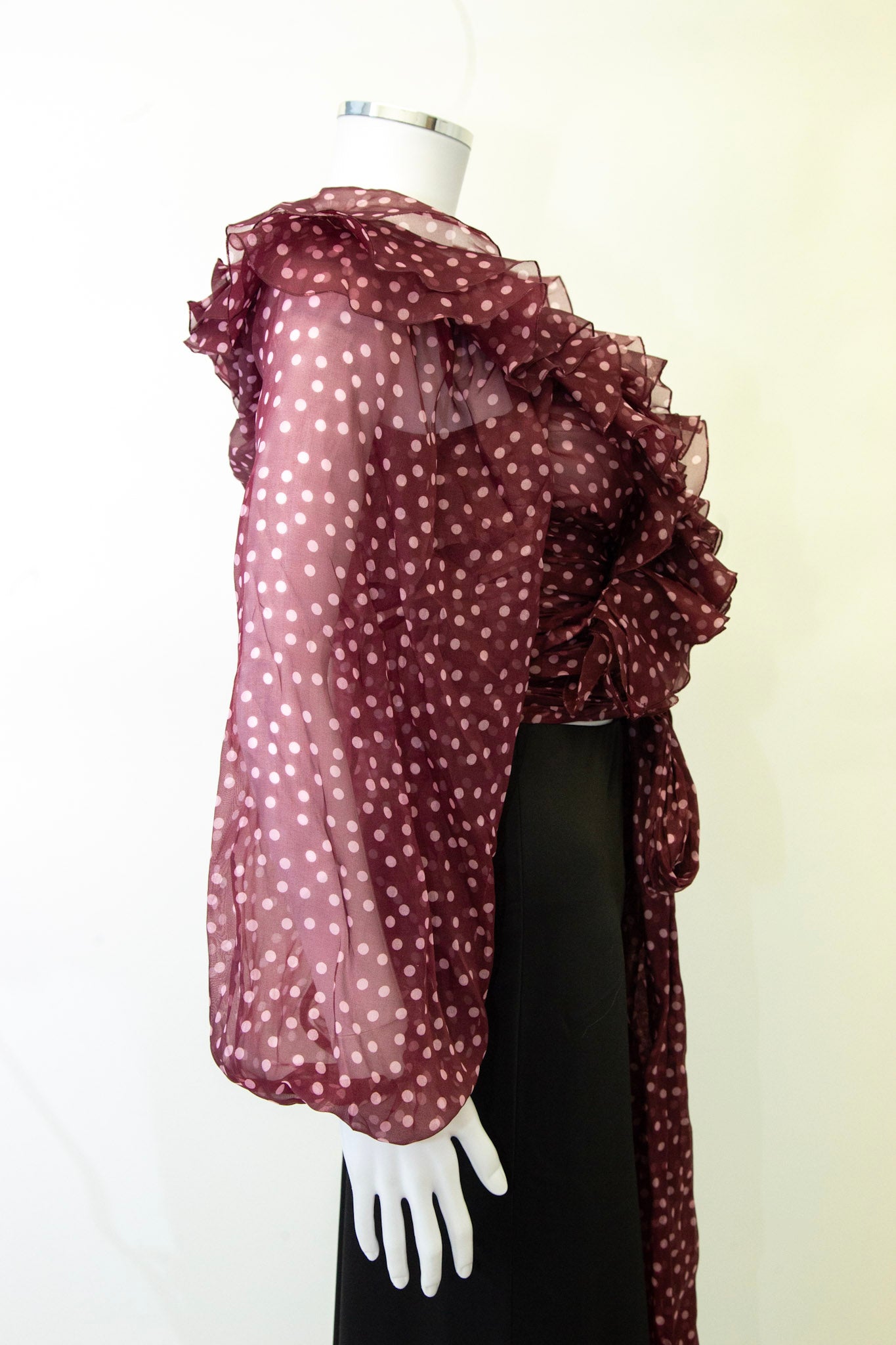 Dolce & Gabbana L/S Ruffle Polka Dot Wrap Blouse Burgundy/ Pink L