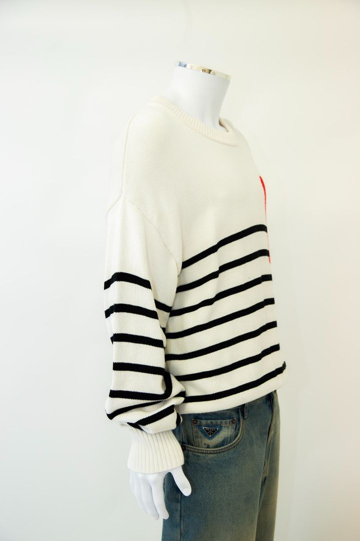 Ami Stripe Heart Jumper White/ Black XL