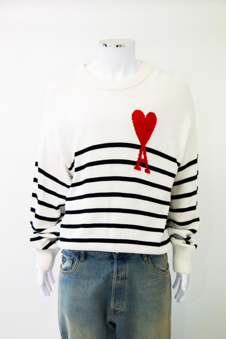 Ami Stripe Heart Jumper White/ Black XL