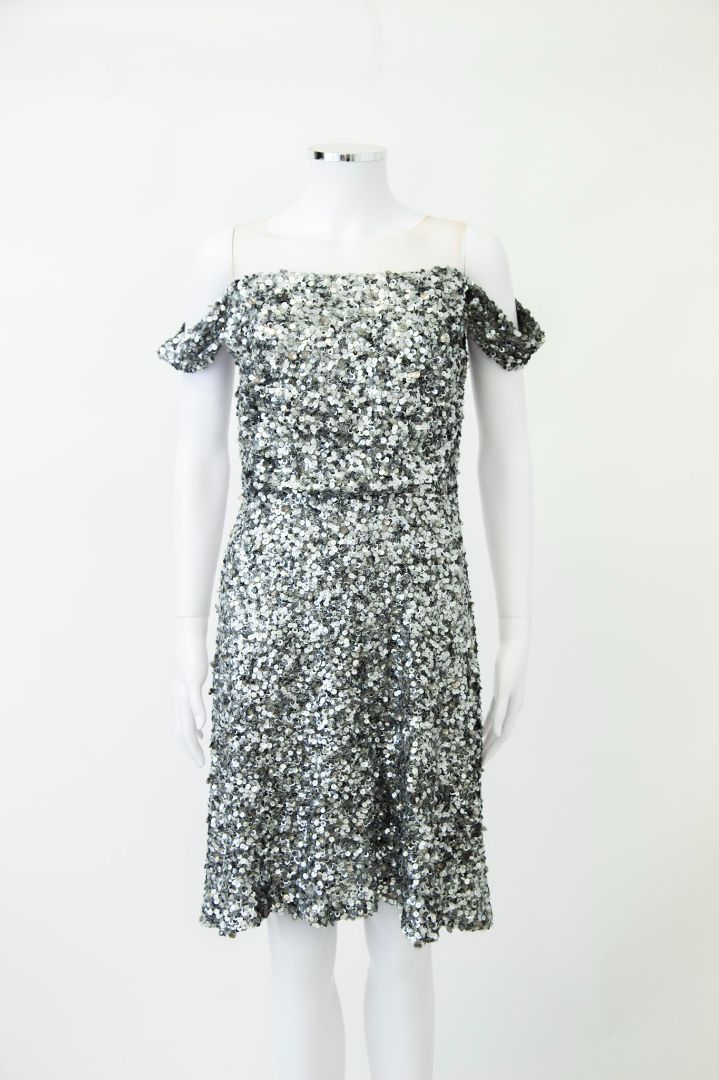 Philip Armstrong S/S Cold Shoulder Sequin Dress Silver M