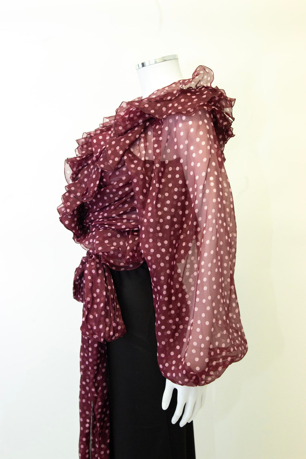 Dolce & Gabbana L/S Ruffle Polka Dot Wrap Blouse Burgundy/ Pink L