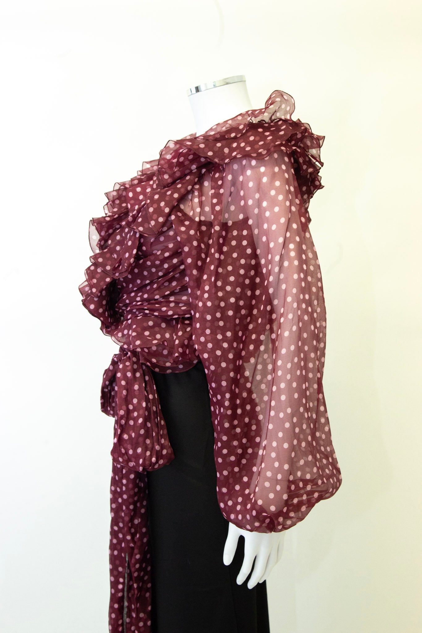 Dolce & Gabbana L/S Ruffle Polka Dot Wrap Blouse Burgundy/ Pink L
